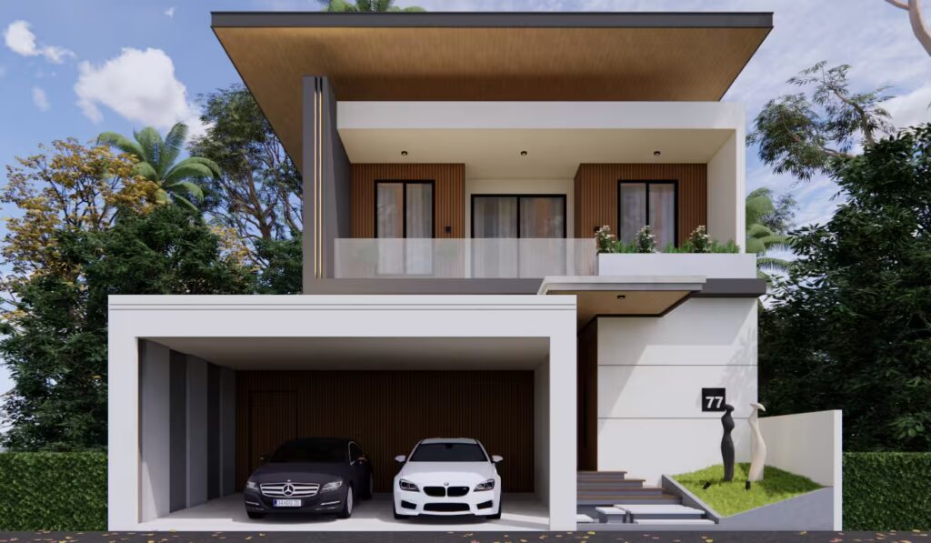 Fasade GA House dua lantai bergaya modern kontemporer dengan balkon kaca, atap datar, dan kombinasi material kayu serta beton putih.