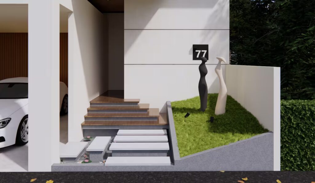 Tangga masuk GA House dengan desain bertingkat, taman kecil berisi patung modern, dan jalur stepping stone.