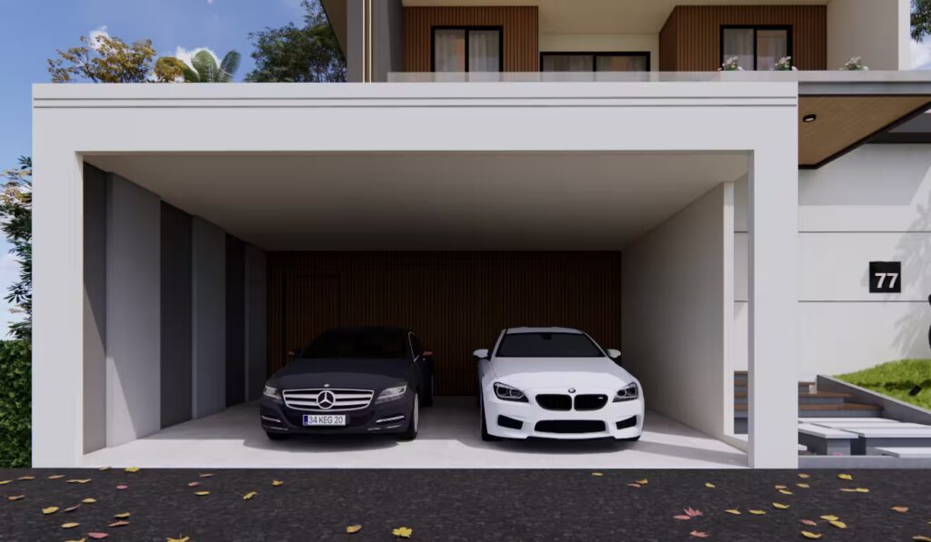 Garasi GA House berkapasitas dua mobil dengan desain modern kontemporer, berdinding putih polos dengan aksen panel kayu.