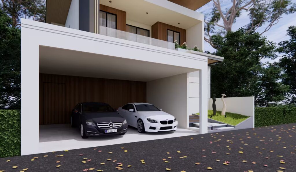 Tampilan garasi GA House dari sisi serong, memperlihatkan arsitektur modern kontemporer dengan permainan bidang beton dan kayu.