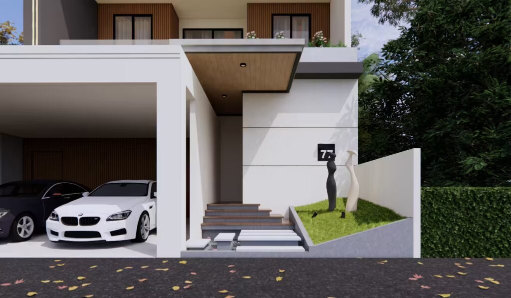 Area tangga masuk GA House bergaya modern kontemporer dengan taman kecil di sisi kanan, nomor rumah modern, dan patung dekoratif.