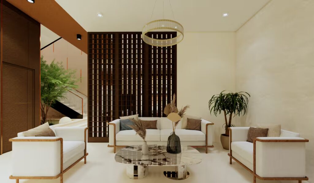 Ruang tamu GA House bergaya modern kontemporer dengan sofa kayu modern, meja marmer organik, kisi-kisi kayu gelap, dan lampu gantung mewah.