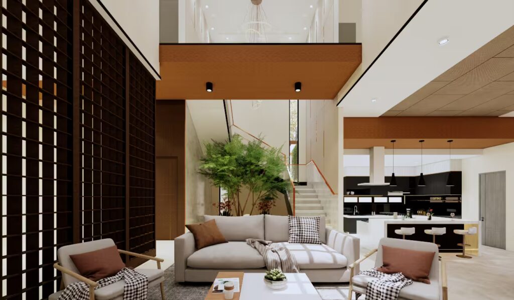 Interior GA House dengan ruang keluarga luas, taman indoor, void dua lantai, serta dapur open space modern kontemporer.