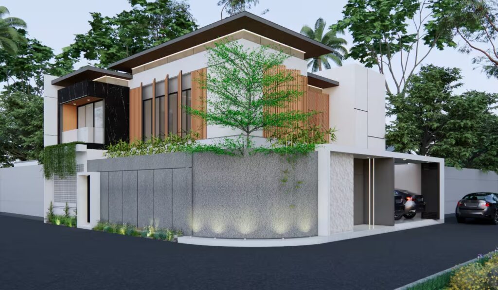 Tampak perspektif eksterior rumah modern dua lantai milik Mr. AM dengan desain minimalis tropis di lahan pojok, menampilkan permainan material kayu, batu alam, dan elemen hijau.