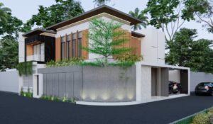 Tampak perspektif eksterior rumah modern dua lantai milik Mr. AM dengan desain minimalis tropis di lahan pojok, menampilkan permainan material kayu, batu alam, dan elemen hijau.