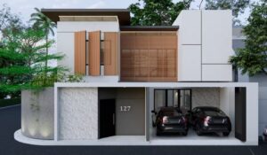 Fasad utama rumah modern Mr. AM dari sisi timur menampilkan kombinasi kisi kayu vertikal, dinding bertekstur, dan area carport dua mobil.