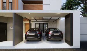 Carport rumah Mr. AM dengan kapasitas dua mobil, atap transparan modern, dan pencahayaan recessed yang menambah kesan mewah