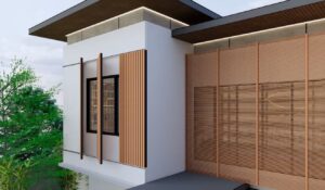 Detail secondary skin sisi timur rumah Mr. AM berupa kisi kayu vertikal untuk kontrol cahaya dan privasi ruangan lantai dua.