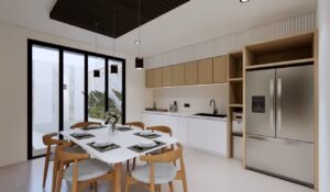 Area ruang makan rumah Mr. AM yang terhubung langsung ke taman kolam, menampilkan meja makan minimalis dan pencahayaan gantung modern.