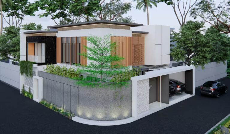 ampilan perspektif akhir rumah modern dua lantai milik Mr. AM di lahan pojok, memperlihatkan keseluruhan desain fasad dengan komposisi material kayu, batu, dan vegetasi hijau.