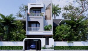 Fasad rumah 3 lantai dengan bentuk lengkung organik dan balkon hijau di tengah pepohonan.