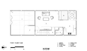 Denah lantai satu menampilkan carport, entrance, living room, open space, dan kitchen.