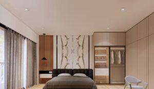 Kamar utama dengan headboard marmer, lemari kaca, dan pencahayaan lembut modern.