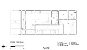 Denah lantai dua berisi kamar utama, kamar anak, balkon, dan kamar mandi.