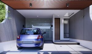 Carport modern beratap kisi kayu dengan satu mobil terparkir dan akses menuju pintu masuk.