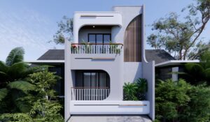 Fasad rumah 3 lantai bergaya organik dengan balkon lengkung dan panel kayu vertikal.
