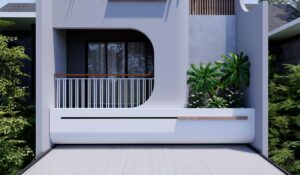 Detail balkon lantai dua dengan railing putih, tanaman hias, dan bukaan kaca besar