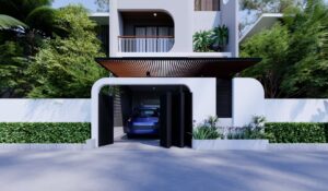 Pagar depan lengkung dengan pintu hitam lipat dan taman kecil di sisi kanan.