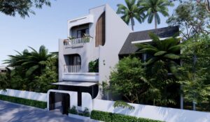 ampak samping fasad rumah organik dengan bentuk lengkung dan vegetasi rindang.
