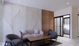 Ruang keluarga menghadap open space dengan pintu kaca hitam bergaya minimalis.