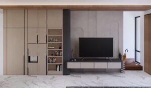 Backdrop TV dengan kabinet built-in dan rak buku menyatu dengan dinding lengkung.